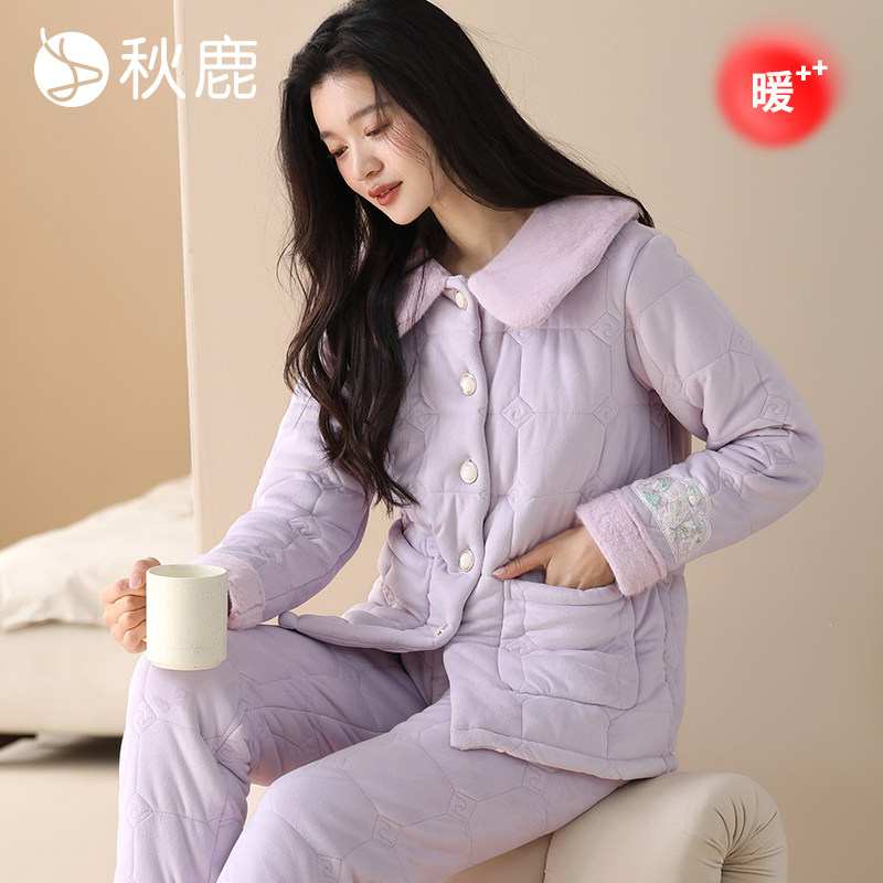 海岛绒披法兰绒夹棉翻领女套