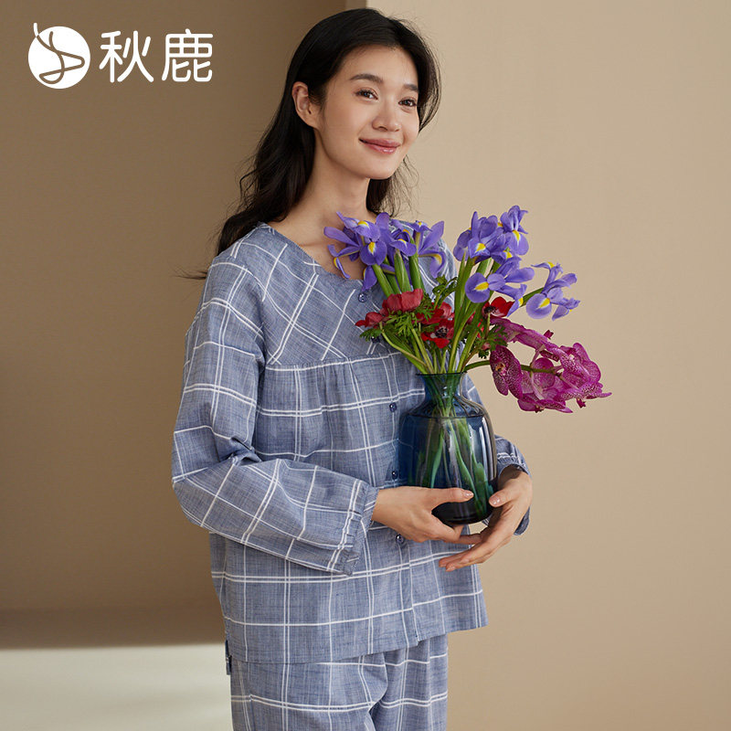 梭织竹节纱色织格圆领女套