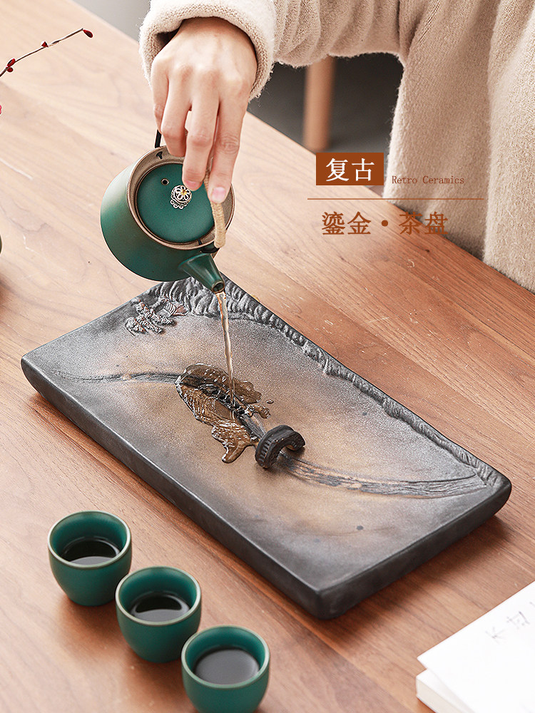 玉素陶瓷茶盘家用功夫茶套装简易储水排水两用覆古中式干泡盘