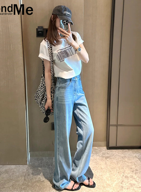 浅蓝色高腰阔腿牛仔裤女2026年夏季薄款宽松休闲显瘦直筒裤垂感