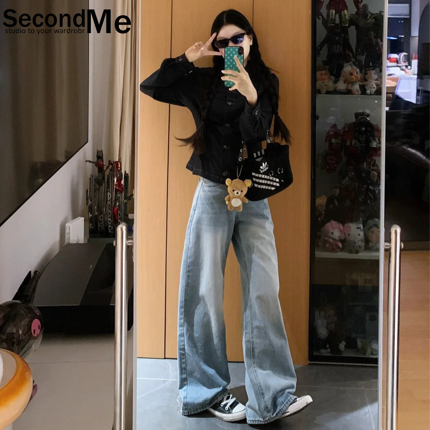 秋季美式高腰阔腿显瘦牛仔裤女