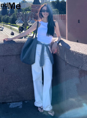 白色高腰直筒牛仔裤女2026夏季新款口袋女装拉链宽松垂感薄款长裤