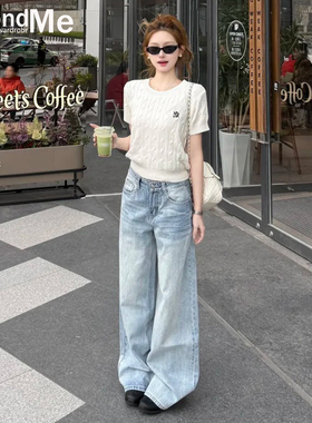 浅蓝色薄款阔腿牛仔裤女2026年夏季新款高腰显瘦直筒宽松拖地裤子