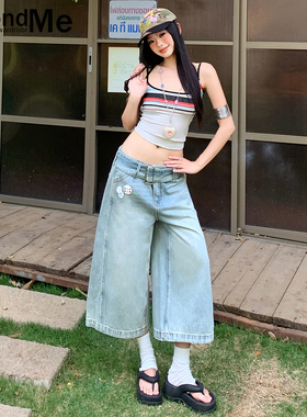 水洗阔腿牛仔裤女2026夏季新款休闲高腰宽松七分裤浅蓝色直筒中裤