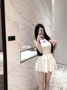 LXYG夏新款交叉挂脖V领针织收腰显瘦气质连衣裙女小个子短款a字裙