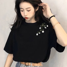 新品纯棉黑色短袖t恤女2025新款爆款夏季宽松设计感上衣圆领半袖