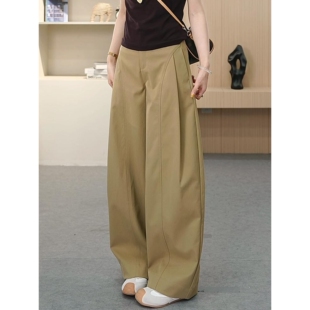 新品加绒西装裤潮流侧压褶阔腿裤秋冬新款宽松卡其色时尚女直筒裤