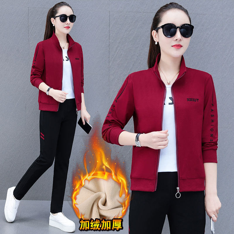 新品高棉加绒加厚保暖时尚休闲运动套装女秋冬立领开衫卫衣卫裤宽