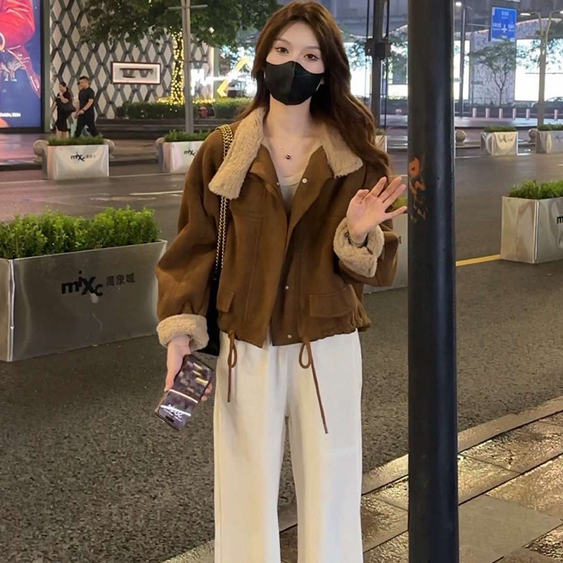 新品短款加绒加厚麂皮绒外套女冬装新款2025年韩版小个子宽松休闲