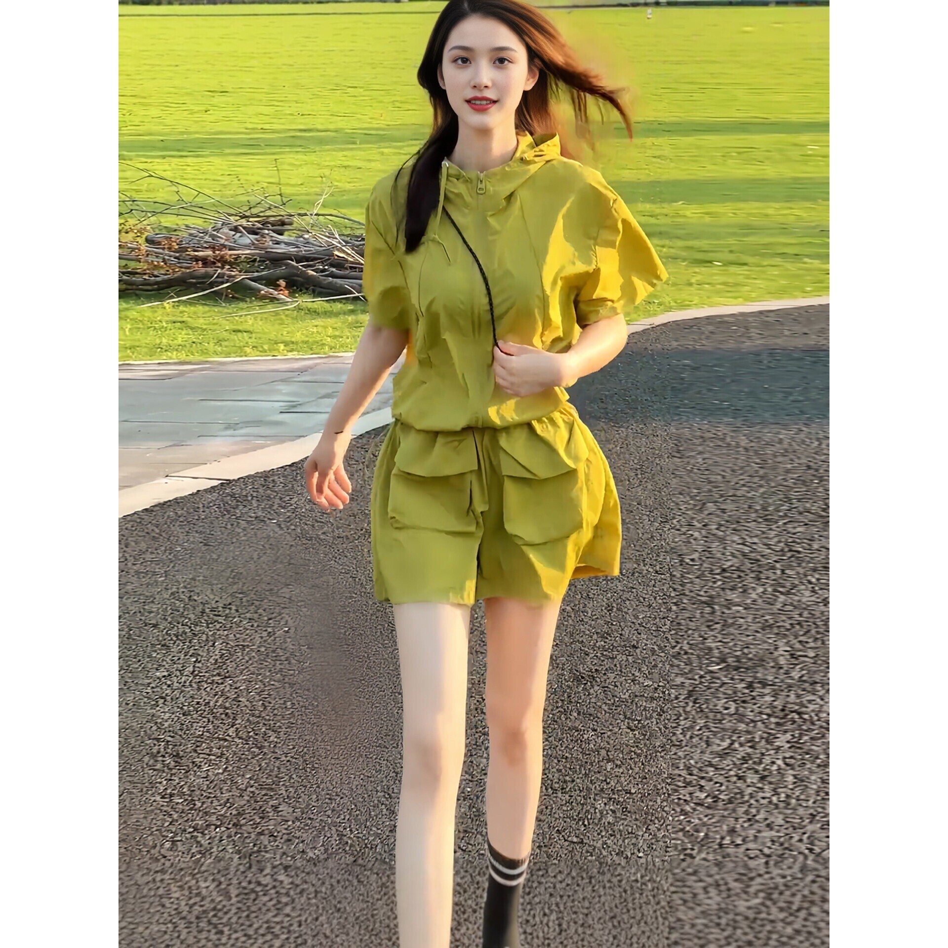 新品时尚休闲运动套装女2026新款夏季时尚洋气绿色连帽短袖短裤两
