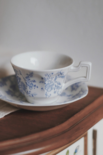 高温釉中彩 蓝色藤蔓花杯碟 青花陶瓷中古 自留法式复古 礼盒包装