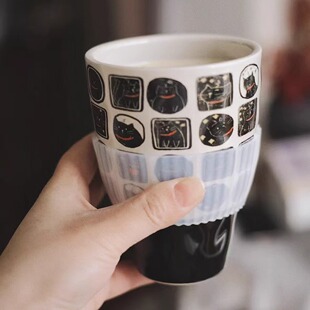 一宽 夜猫子系列随手杯 咖啡杯碟 手握杯 下午茶陶瓷杯 礼盒包装