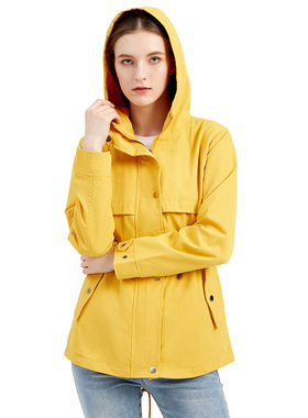 women's Windbreaker hooded long sleeved waist cinched jacket
