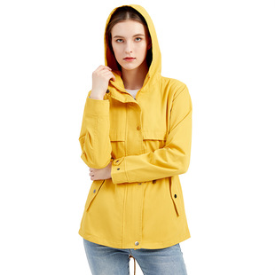 women's Windbreaker hooded long sleeved waist cinched jacket