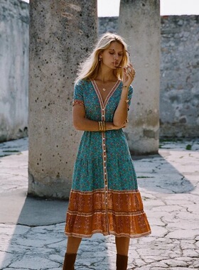 Women's autumn outfit Bohemian style printed long skirt长裙