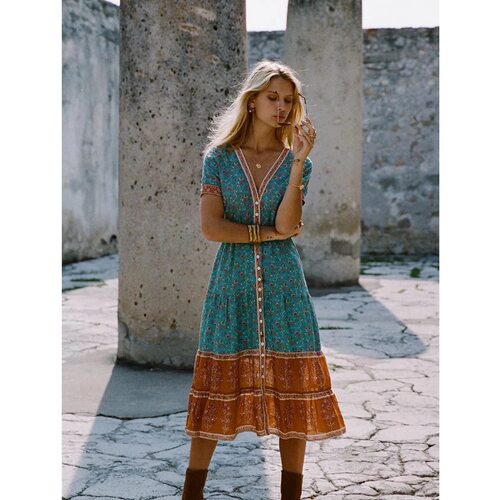 Women's autumn outfit Bohemian style printed long skirt长裙
