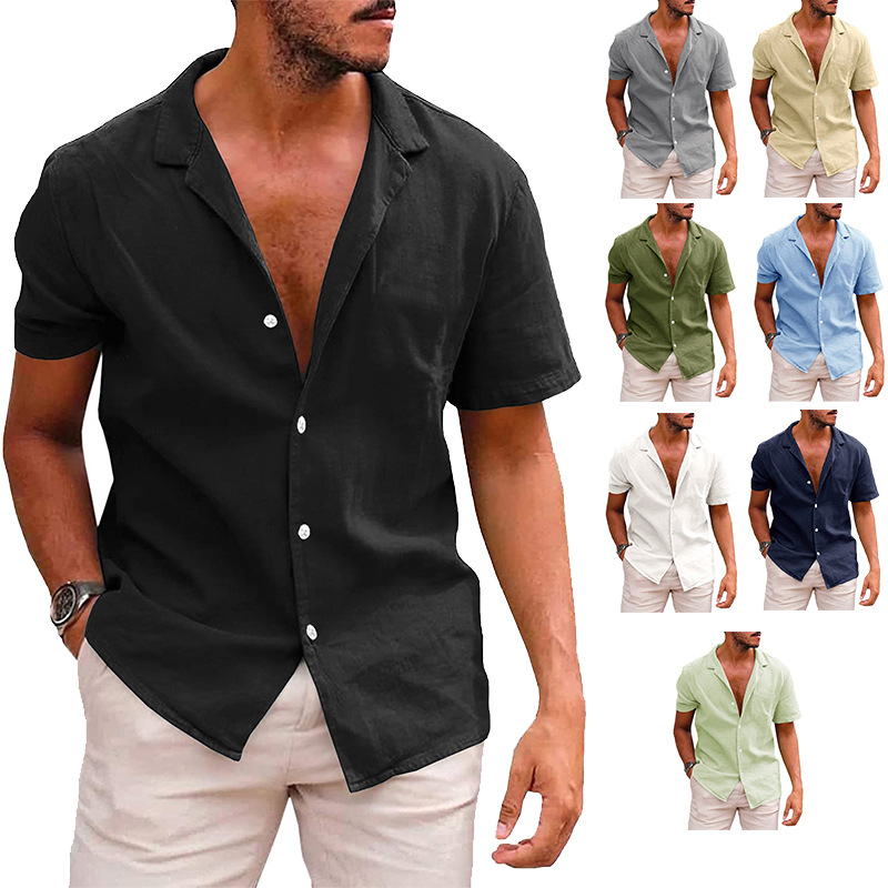 Summer men's cotton and linen collar short sleeved shirt衬衫