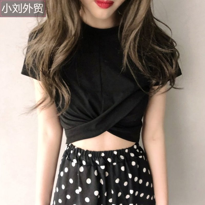 Black crop navel crossed navel top high-waisted