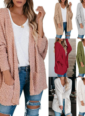 Large size women's knitted double pocket cardigan sweater