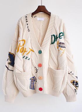 Embroidered women's letter loose knit sweater jacket ladys