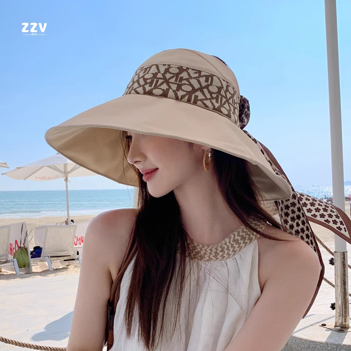夏天防晒渔夫帽子女大帽檐可扎马尾空顶帽防紫外线遮阳护颈太阳帽