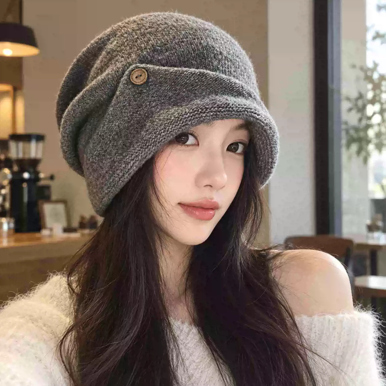秋冬保暖显脸小木扣堆堆帽女款