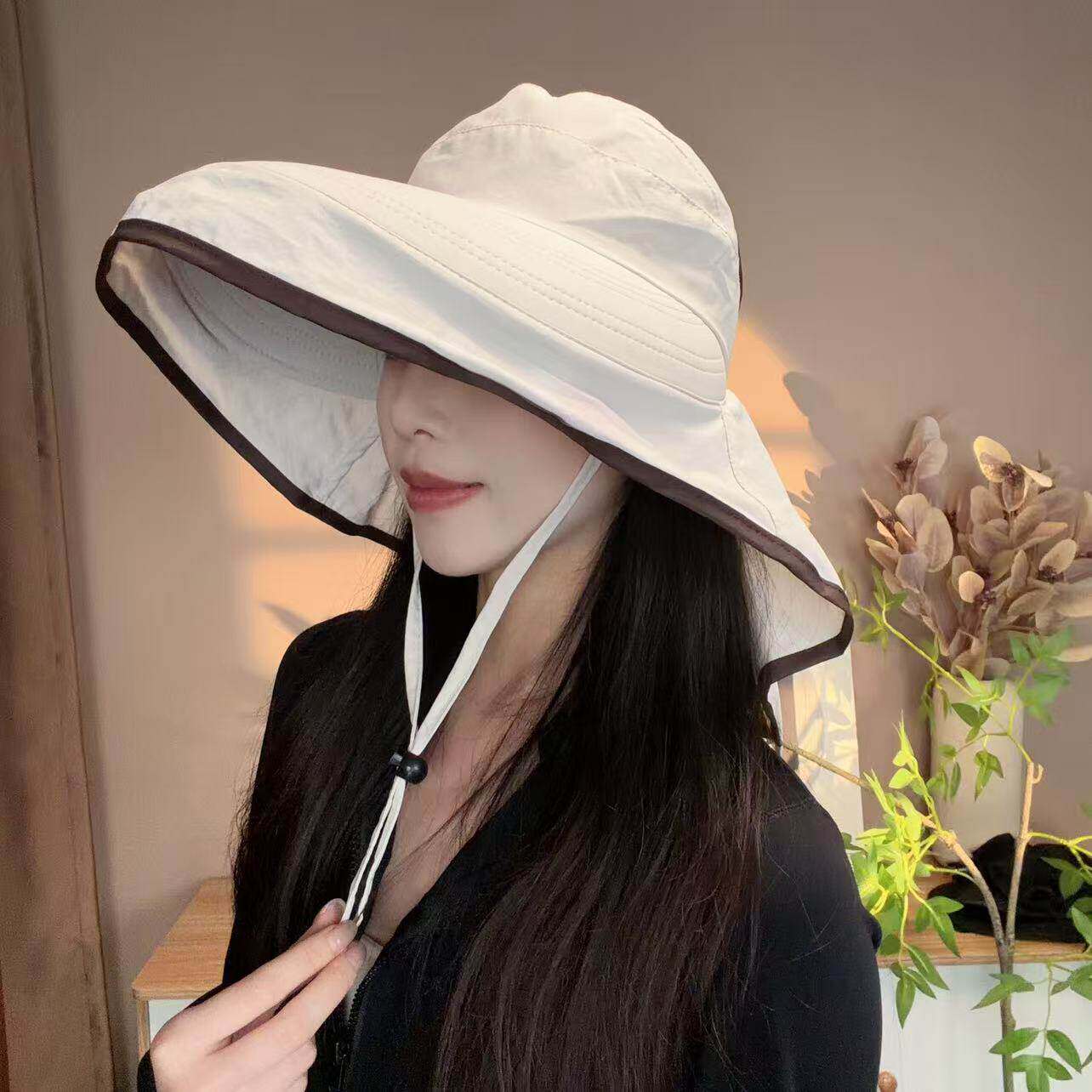户外大檐防晒帽女夏天海边出游护颈遮阳帽空顶可扎马尾登山太阳帽