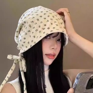 碎花绑带包头堆堆帽女ins百搭显脸小头巾复古冷帽大头围宽松帽子