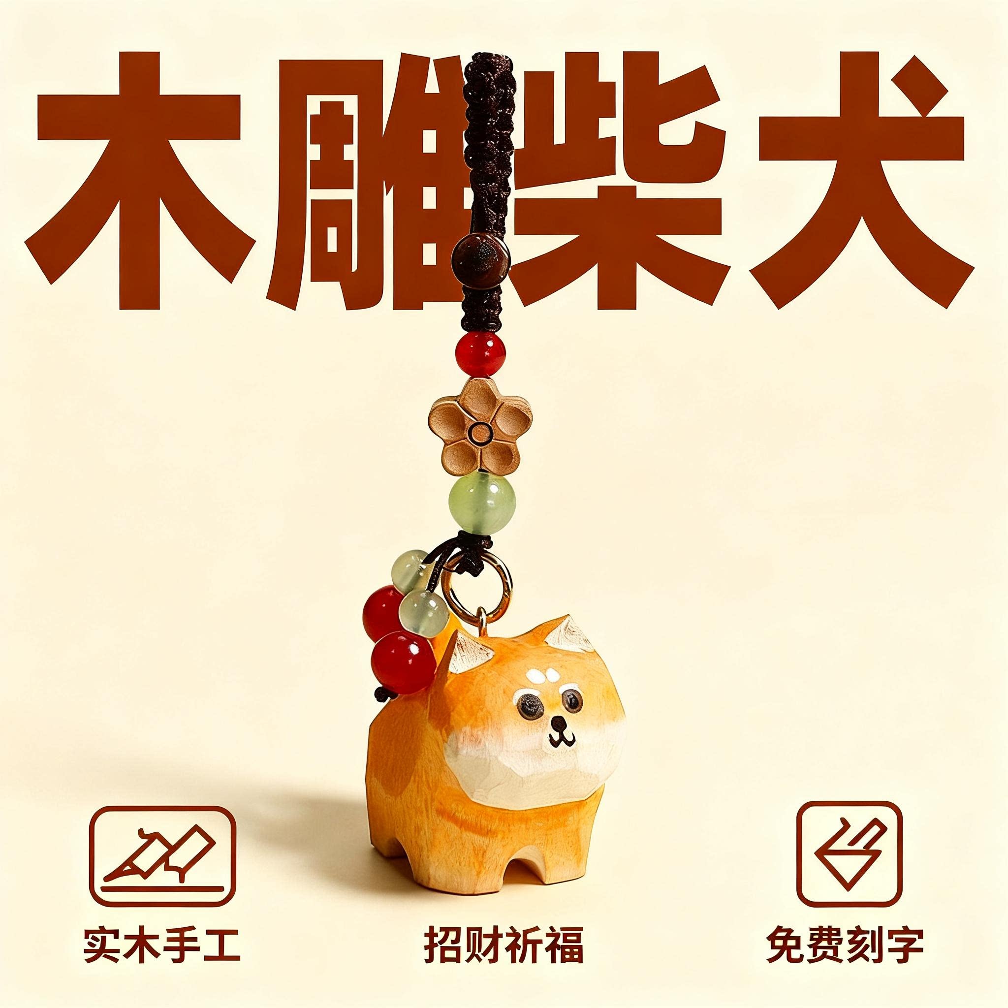 手工木雕狗狗小柴犬平安汽车钥匙扣书包包包小挂件挂饰生日礼物