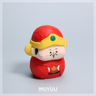 手工木雕财神木质摆件工位桌面招财装饰品办公室创意木质小饰品