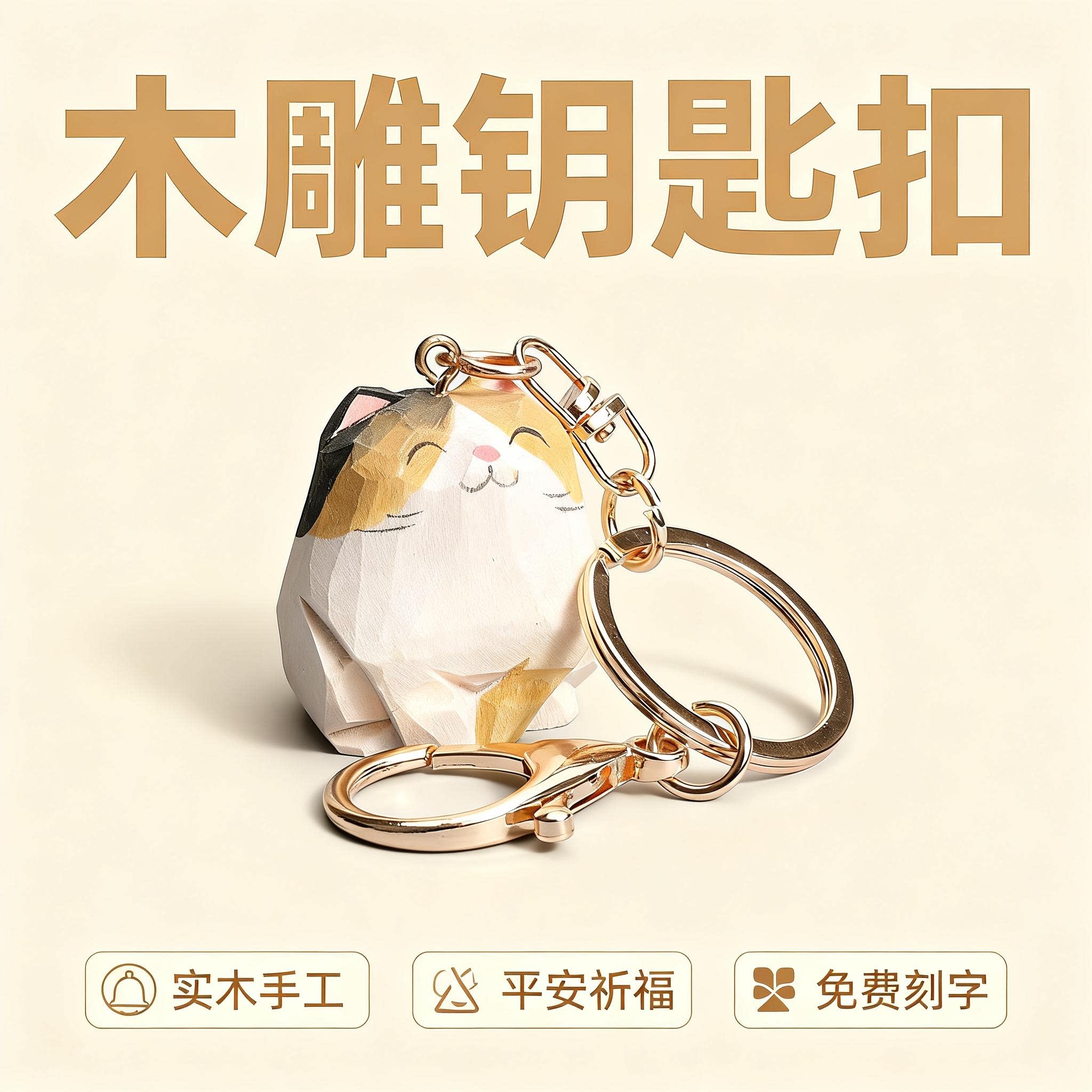 木雕招财三花猫匙钥扣挂件女生可爱小猫咪钥匙扣情侣一对闺蜜