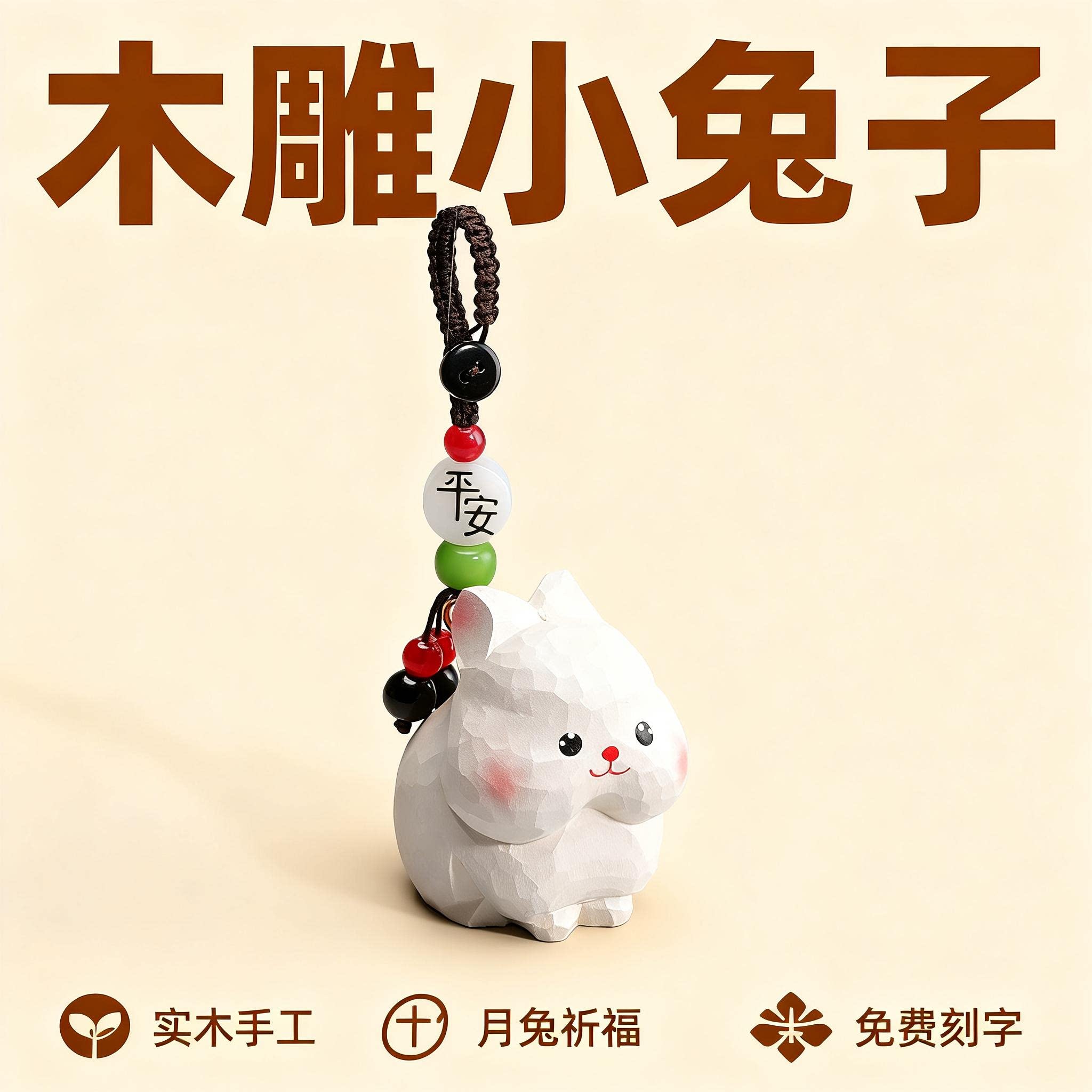 手工木雕生肖小兔子丨汽车钥匙扣可爱平安男士女书包背包挂件礼物