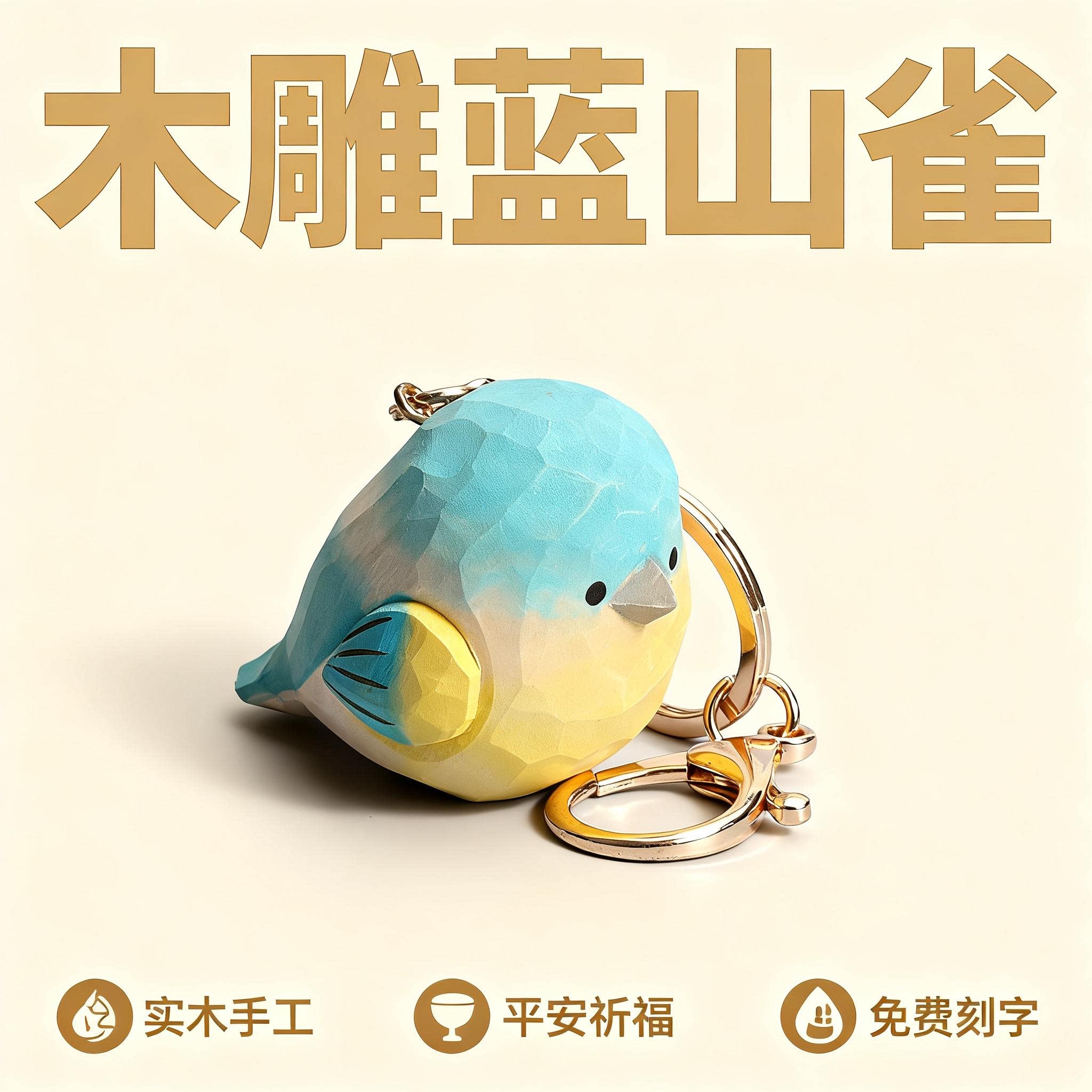 木雕肥啾钥匙扣迷你蓝山雀包包挂件可爱情侣钥匙链小鸟母亲节礼物