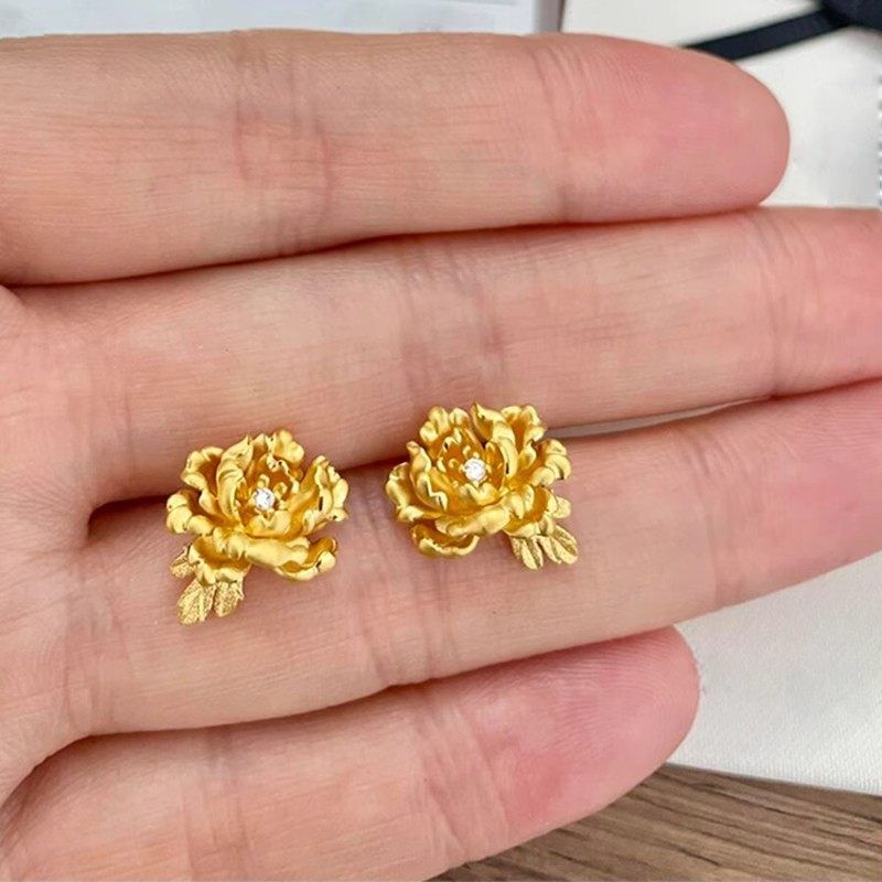S925纯银中国风金色牡丹花耳钉女秋冬精致贵气复古高级感耳饰