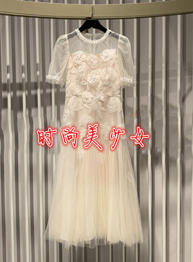 现货速发2022年高定新款短袖圆领立体花连衣裙CWA2083200