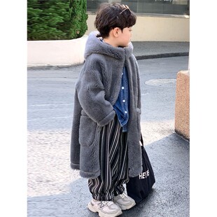 欧洲站新款全羊毛儿童皮草外套长款男童中大童羊羔毛羊剪绒大衣连