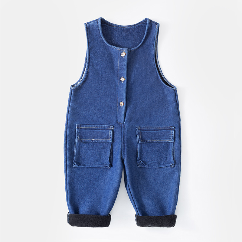 宝宝背带裤连体衣幼儿小童牛仔加绒哈衣无袖婴儿1到3岁保暖外穿
