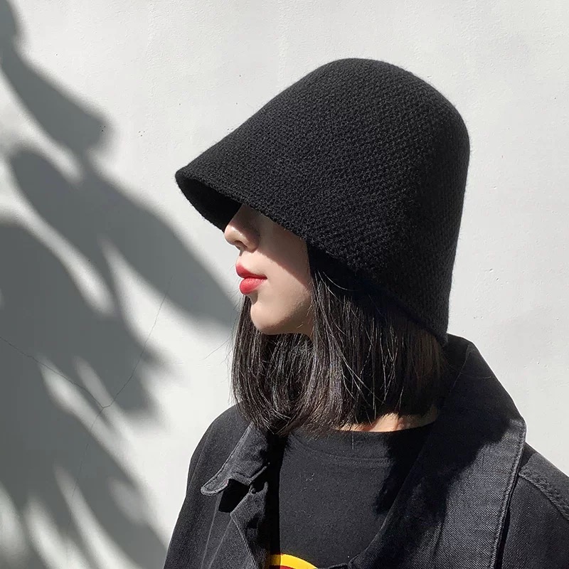 韩版针织渔夫帽子女秋冬素颜神器水桶帽纯色百搭日系遮脸钟型盆帽