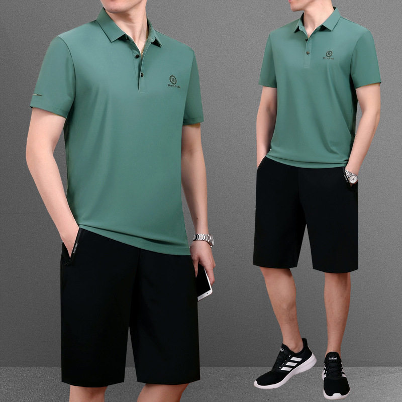 中老年父亲装男士夏季款薄款冰丝翻领短袖短裤大码跑步运动服套装