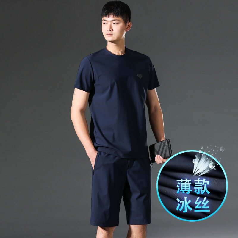 2025高级感冰丝休闲套装夏季新款短袖短裤跑步健身男士运动服套装