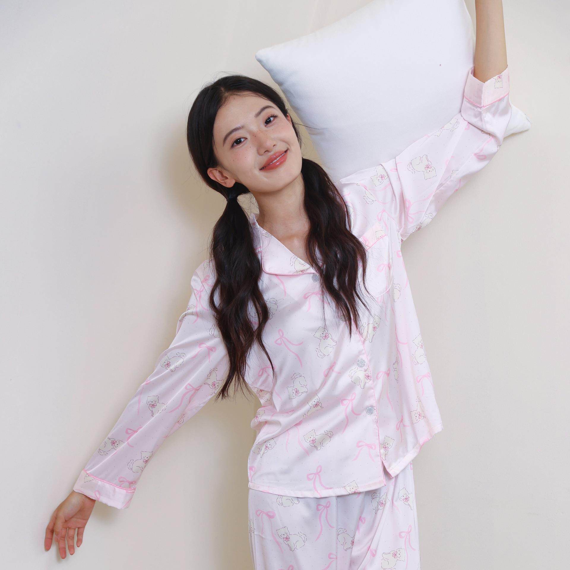 日系可爱猫咪睡衣女款春秋季凉感冰丝长袖薄款甜美家居服学生套装