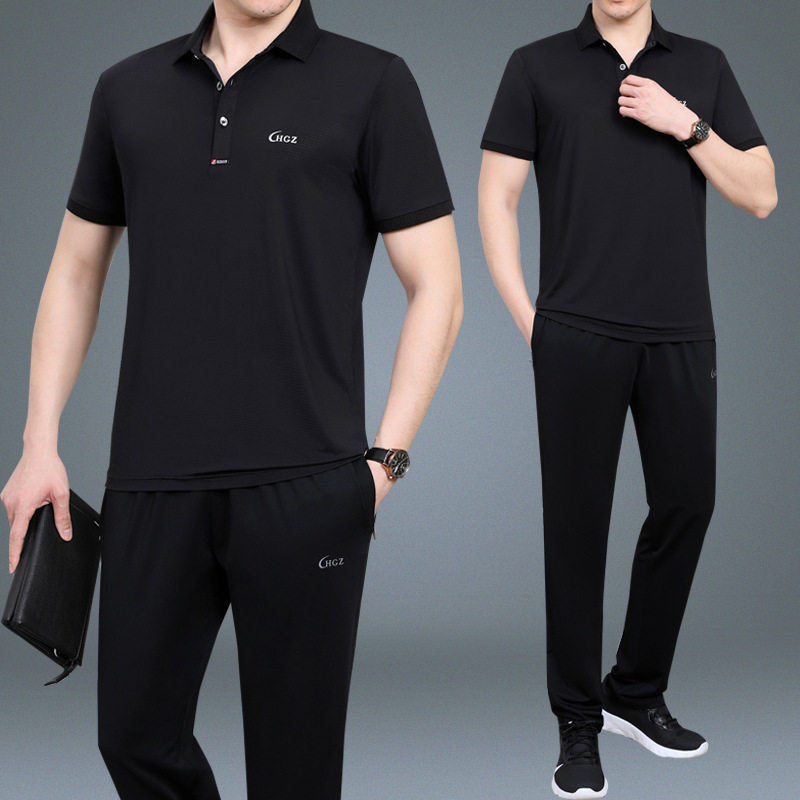 运动套装男中老年夏季冰丝短袖休闲爸爸装两件套中年人大码运动服