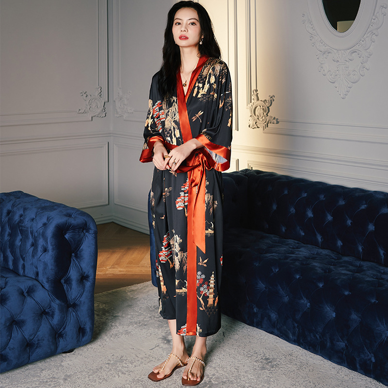2025新款缎面睡衣女夏大码轻奢七分袖凉感睡袍浴袍女春秋季家居服