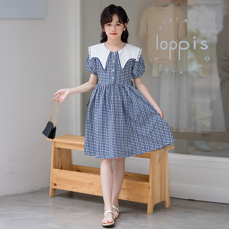 女童千鸟格裙子夏季2025新款小学生尖领公主裙甜美大童格子连衣裙