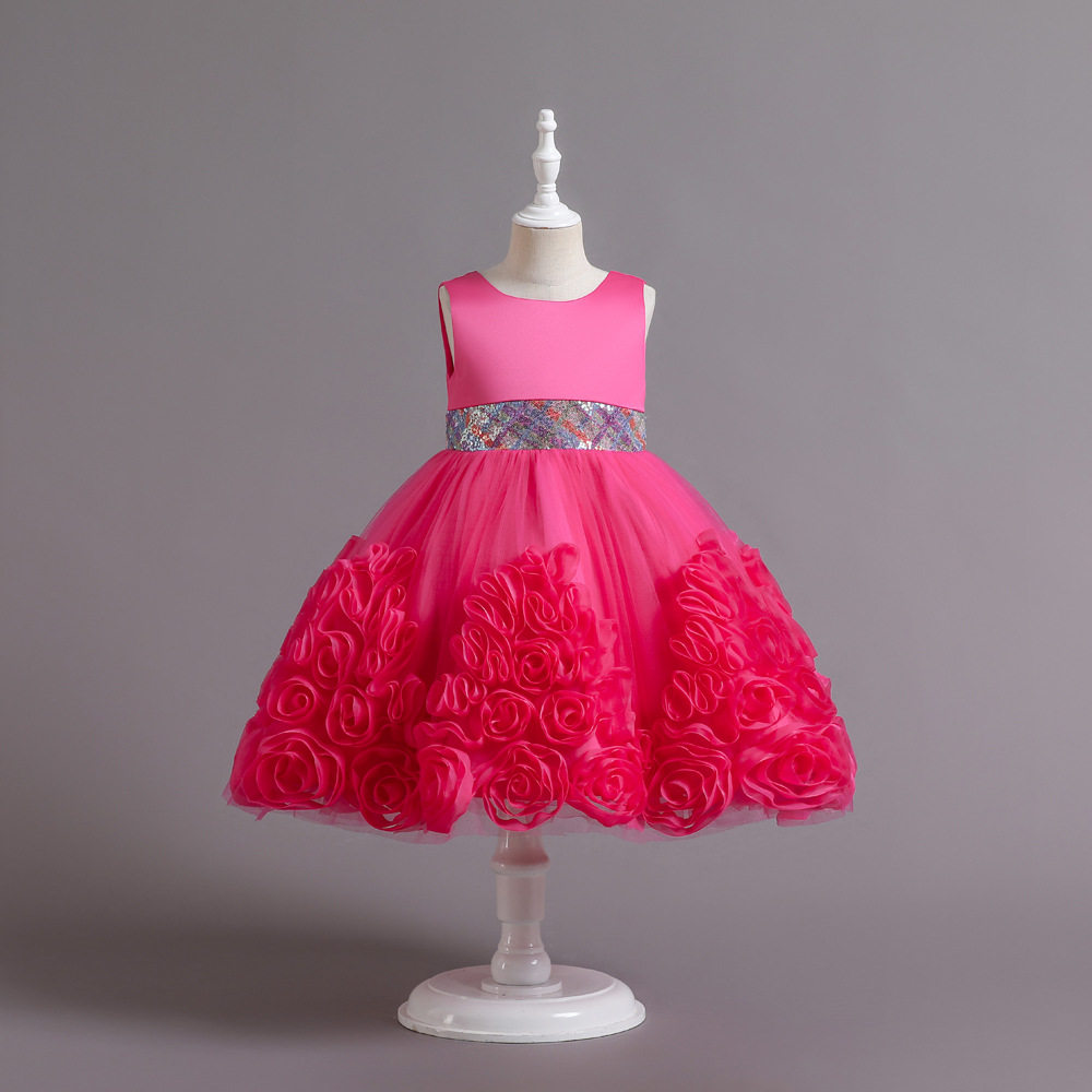 新款儿童公主裙女童晚礼服小女孩走秀花朵蓬蓬纱花童主持人演出服