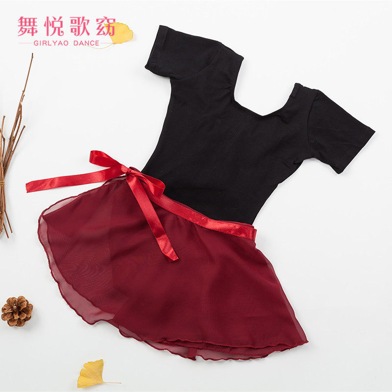 现货儿童纯棉短袖舞蹈练功服2件套芭蕾舞雪纺纱裙开档形体考级服