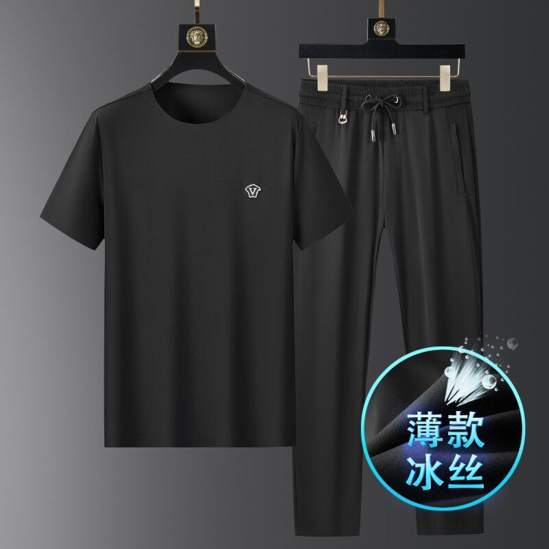 新款凉感男士休闲套装薄款冰丝套装男装夏季长裤短袖t恤两件套