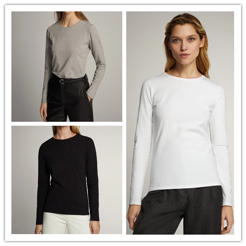 西班牙单 现货 MD新品基础款休闲素色修身棉质长袖 T恤打底衫上衣