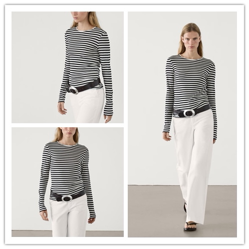 西班牙单 现货MD休闲风修身亲肤纯棉透气条纹百搭打底长袖T恤上衣