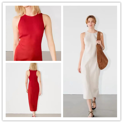 西班牙单 现货 MD女装法式棉麻混纺极简风中长无袖背心裙连衣裙子